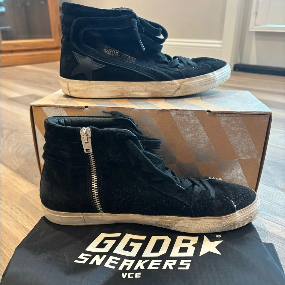 Golden Goose Slide- Black Suede Sneakers Distressed Look Lace-Up - Picture 4 of 9